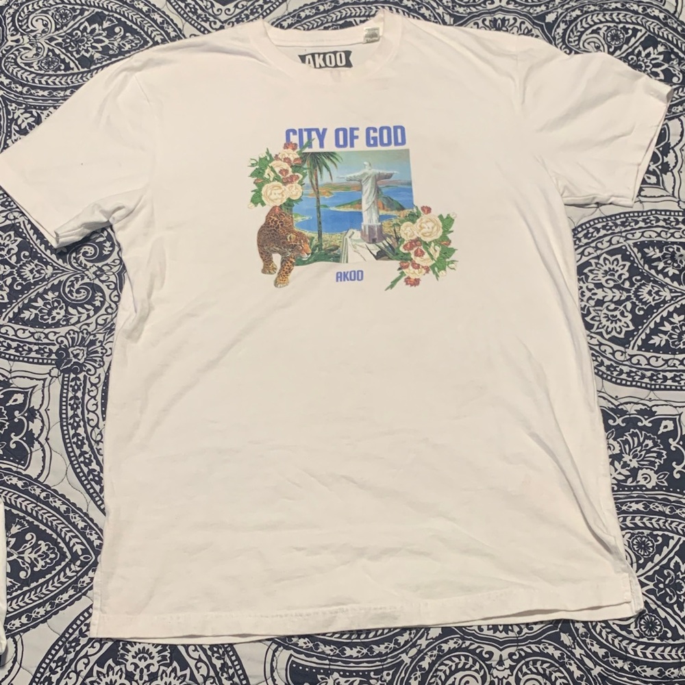 Akoo White 'City of God' Graphic Tee with Tropical Print
